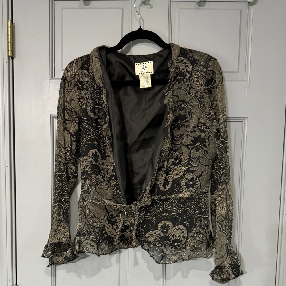 Vintage Y2K Ice Black and Beige paisley silk mesh sleeve Blouse petite medium